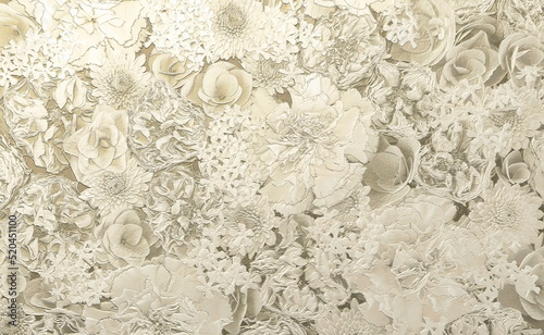 Metallic embossed flowers with white paint background. 3D illustration. 3D render