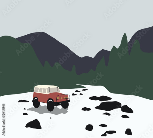 Car is off road in the small river in the mountains river.  Road trip on holiday vacation. Adventure of nature