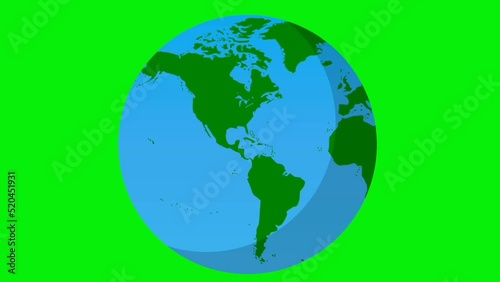 rotating Earth globe animation design.  Animation of planet earth rotating on green background.