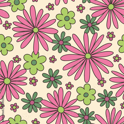 Colorful Pink and Green Large Scale Hand-Drawn Floral Vector Seamless Pattern. Retro 70s Style Nostalgic Fashion Textile Bold Background. Summer Resort Print. Daisies. Flower Power