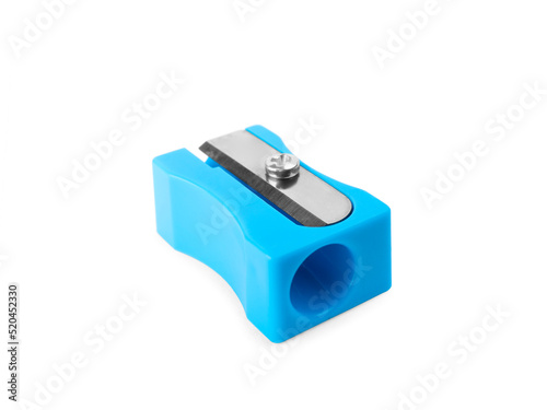 Plastic light blue pencil sharpener isolated on white