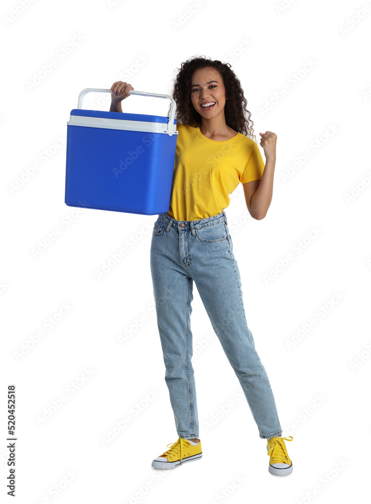 Happy young African American woman with cool box on white background Happy young African American woman with cool box on white background