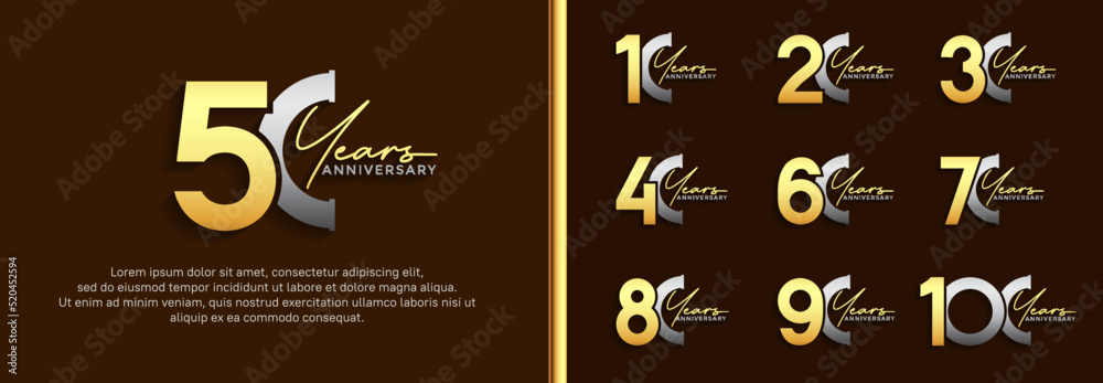 Naklejka premium set of anniversary logo gold and silver color on brown background for celebration moment