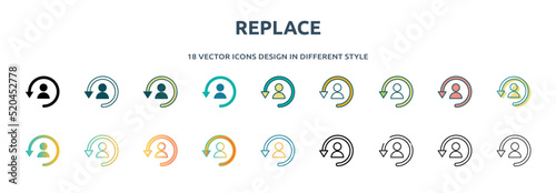 replace icon in 18 different styles such as thin line, thick line, two color, glyph, colorful, lineal color, detailed, stroke and gradient. set of replace vector for web, mobile, ui