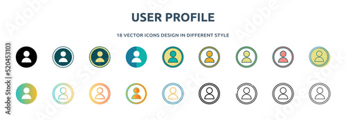 user profile icon in 18 different styles such as thin line, thick line, two color, glyph, colorful, lineal color, detailed, stroke and gradient. set of user profile vector for web, mobile, ui