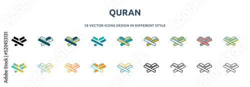 quran icon in 18 different styles such as thin line, thick line, two color, glyph, colorful, lineal color, detailed, stroke and gradient. set of quran vector for web, mobile, ui