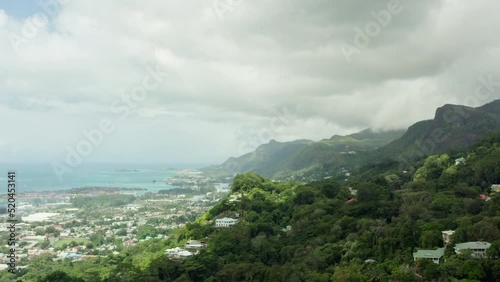 Aerial view of Mahe, Seychelles. Mountain landscape with jungle and mountains on an island in the Indian Ocean. Incredible nature. High quality 4k footage photo