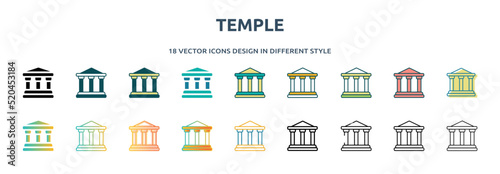 temple icon in 18 different styles such as thin line, thick line, two color, glyph, colorful, lineal color, detailed, stroke and gradient. set of temple vector for web, mobile, ui