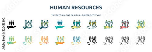 human resources icon in 18 different styles such as thin line, thick line, two color, glyph, colorful, lineal color, detailed, stroke and gradient. set of human resources vector for web, mobile, ui