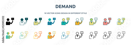 demand icon in 18 different styles such as thin line, thick line, two color, glyph, colorful, lineal color, detailed, stroke and gradient. set of demand vector for web, mobile, ui