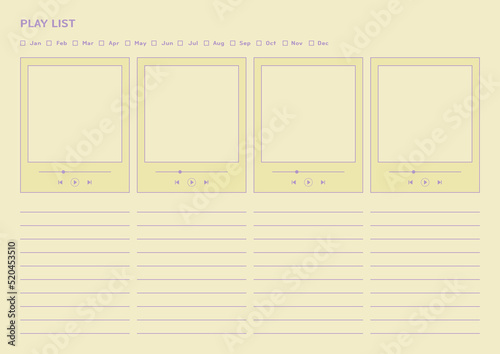 Note, scheduler, diary, planner document template illustration. My music player list.