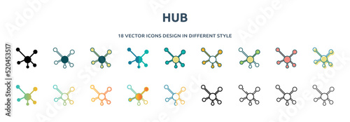 hub icon in 18 different styles such as thin line, thick line, two color, glyph, colorful, lineal color, detailed, stroke and gradient. set of hub vector for web, mobile, ui