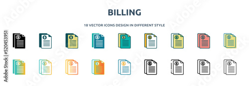 billing icon in 18 different styles such as thin line, thick line, two color, glyph, colorful, lineal color, detailed, stroke and gradient. set of billing vector for web, mobile, ui photo