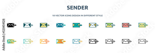 sender icon in 18 different styles such as thin line, thick line, two color, glyph, colorful, lineal color, detailed, stroke and gradient. set of sender vector for web, mobile, ui