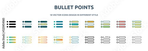 bullet points icon in 18 different styles such as thin line, thick line, two color, glyph, colorful, lineal color, detailed, stroke and gradient. set of bullet points vector for web, mobile, ui