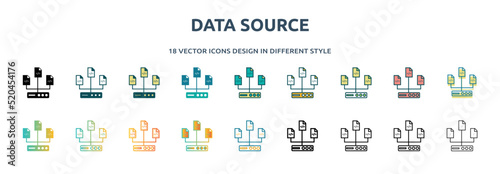 data source icon in 18 different styles such as thin line, thick line, two color, glyph, colorful, lineal color, detailed, stroke and gradient. set of data source vector for web, mobile, ui