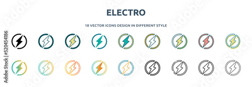electro icon in 18 different styles such as thin line, thick line, two color, glyph, colorful, lineal color, detailed, stroke and gradient. set of electro vector for web, mobile, ui