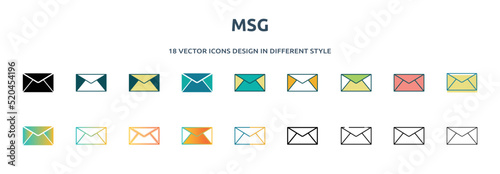 msg icon in 18 different styles such as thin line, thick line, two color, glyph, colorful, lineal color, detailed, stroke and gradient. set of msg vector for web, mobile, ui