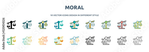 moral icon in 18 different styles such as thin line, thick line, two color, glyph, colorful, lineal color, detailed, stroke and gradient. set of moral vector for web, mobile, ui