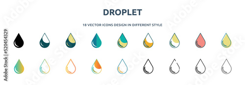 droplet icon in 18 different styles such as thin line, thick line, two color, glyph, colorful, lineal color, detailed, stroke and gradient. set of droplet vector for web, mobile, ui