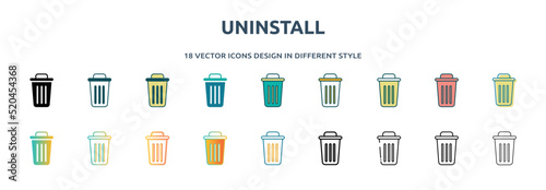 uninstall icon in 18 different styles such as thin line, thick line, two color, glyph, colorful, lineal color, detailed, stroke and gradient. set of uninstall vector for web, mobile, ui photo