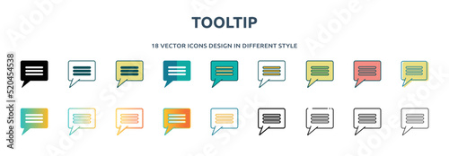 tooltip icon in 18 different styles such as thin line, thick line, two color, glyph, colorful, lineal color, detailed, stroke and gradient. set of tooltip vector for web, mobile, ui