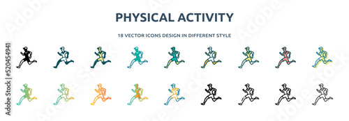 physical activity icon in 18 different styles such as thin line, thick line, two color, glyph, colorful, lineal color, detailed, stroke and gradient. set of physical activity vector for web, mobile,