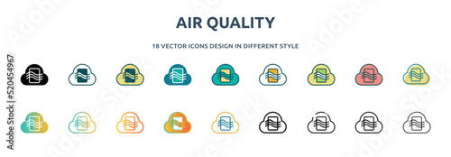air quality icon in 18 different styles such as thin line, thick line, two color, glyph, colorful, lineal color, detailed, stroke and gradient. set of air quality vector for web, mobile, ui photo