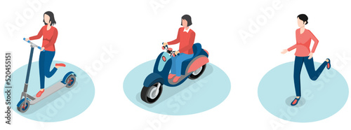 3D isometric set of women riding scooters,  motorcycle and running concept. Isolated on white background. Vector illustration eps10