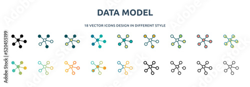 data model icon in 18 different styles such as thin line, thick line, two color, glyph, colorful, lineal color, detailed, stroke and gradient. set of data model vector for web, mobile, ui