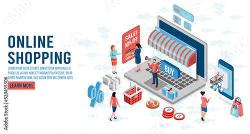 Shopping online concept for website, mobile application, web banner, info graphics or discount coupons. Vector illustration EPS 10