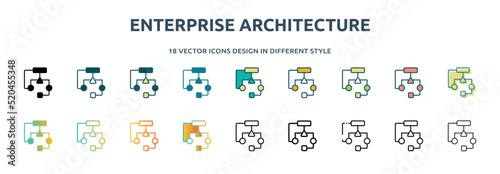 enterprise architecture icon in 18 different styles such as thin line, thick line, two color, glyph, colorful, lineal color, detailed, stroke and gradient. set of enterprise architecture vector for