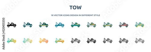 tow icon in 18 different styles such as thin line, thick line, two color, glyph, colorful, lineal color, detailed, stroke and gradient. set of tow vector for web, mobile, ui