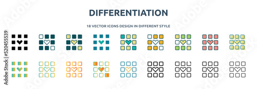 differentiation icon in 18 different styles such as thin line, thick line, two color, glyph, colorful, lineal color, detailed, stroke and gradient. set of differentiation vector for web, mobile, ui