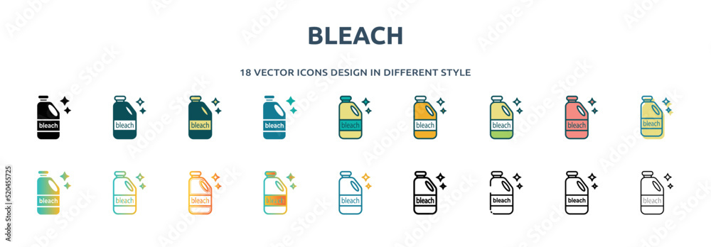 bleach icon in 18 different styles such as thin line, thick line, two color, glyph, colorful, lineal color, detailed, stroke and gradient. set of bleach vector for web, mobile, ui - obrazy, fototapety, plakaty 