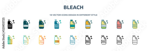 bleach icon in 18 different styles such as thin line, thick line, two color, glyph, colorful, lineal color, detailed, stroke and gradient. set of bleach vector for web, mobile, ui photo
