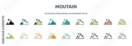 moutain icon in 18 different styles such as thin line, thick line, two color, glyph, colorful, lineal color, detailed, stroke and gradient. set of moutain vector for web, mobile, ui photo