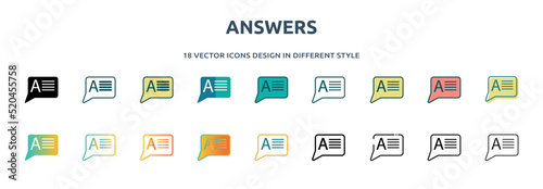 answers icon in 18 different styles such as thin line, thick line, two color, glyph, colorful, lineal color, detailed, stroke and gradient. set of answers vector for web, mobile, ui