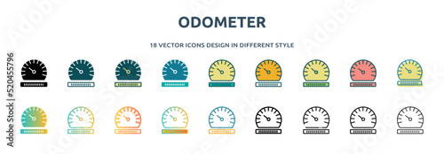 odometer icon in 18 different styles such as thin line, thick line, two color, glyph, colorful, lineal color, detailed, stroke and gradient. set of odometer vector for web, mobile, ui photo