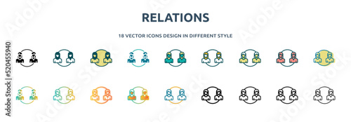 relations icon in 18 different styles such as thin line, thick line, two color, glyph, colorful, lineal color, detailed, stroke and gradient. set of relations vector for web, mobile, ui