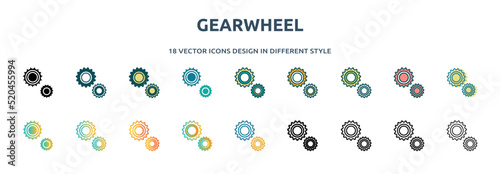 gearwheel icon in 18 different styles such as thin line, thick line, two color, glyph, colorful, lineal color, detailed, stroke and gradient. set of gearwheel vector for web, mobile, ui