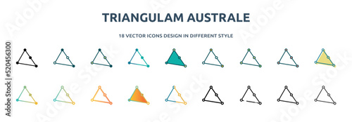 triangulam australe icon in 18 different styles such as thin line, thick line, two color, glyph, colorful, lineal color, detailed, stroke and gradient. set of triangulam australe vector for web, photo