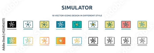 simulator icon in 18 different styles such as thin line, thick line, two color, glyph, colorful, lineal color, detailed, stroke and gradient. set of simulator vector for web, mobile, ui