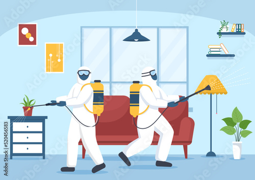 Pest Control Service with Exterminator of Insects, Sprays and House Hygiene Disinfection in Flat Cartoon Background Illustration