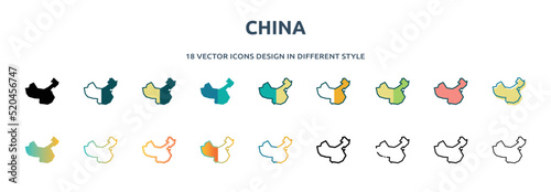 china icon in 18 different styles such as thin line, thick line, two color, glyph, colorful, lineal color, detailed, stroke and gradient. set of china vector for web, mobile, ui photo