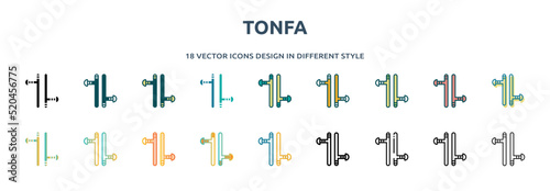 tonfa icon in 18 different styles such as thin line, thick line, two color, glyph, colorful, lineal color, detailed, stroke and gradient. set of tonfa vector for web, mobile, ui