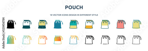 pouch icon in 18 different styles such as thin line, thick line, two color, glyph, colorful, lineal color, detailed, stroke and gradient. set of pouch vector for web, mobile, ui