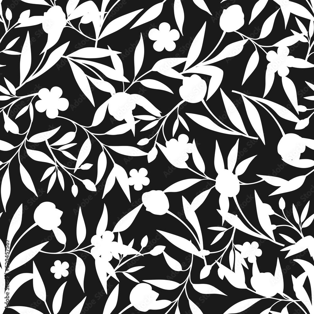 Seamless black and white floral pattern with flowers and leaves. Vector ...