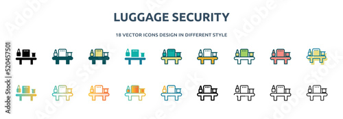 luggage security icon in 18 different styles such as thin line, thick line, two color, glyph, colorful, lineal color, detailed, stroke and gradient. set of luggage security vector for web, mobile,