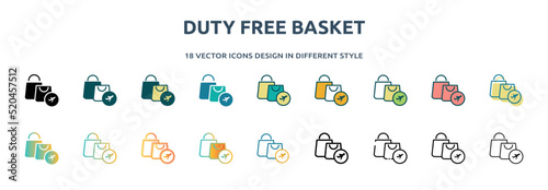 duty free basket icon in 18 different styles such as thin line, thick line, two color, glyph, colorful, lineal color, detailed, stroke and gradient. set of duty free basket vector for web, mobile,